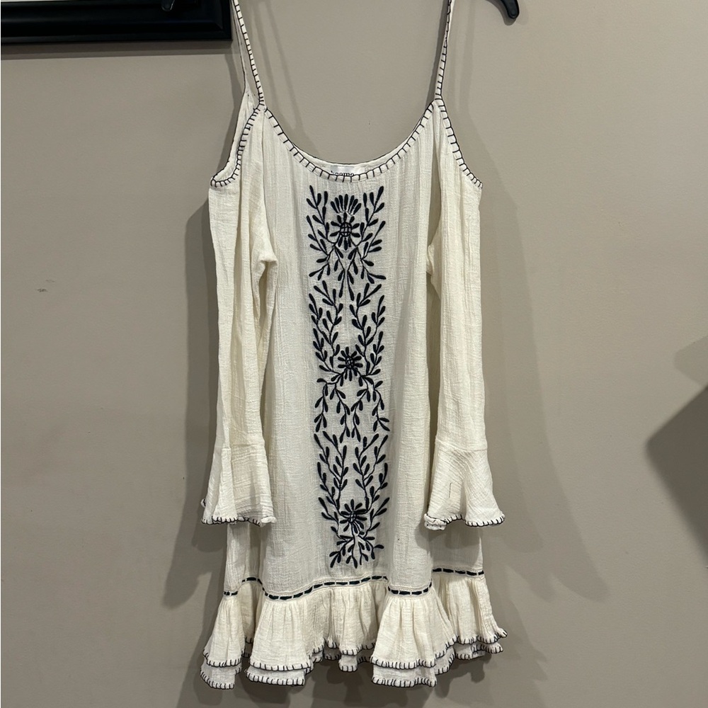 Boemo White Dress with Navy Embroidery
